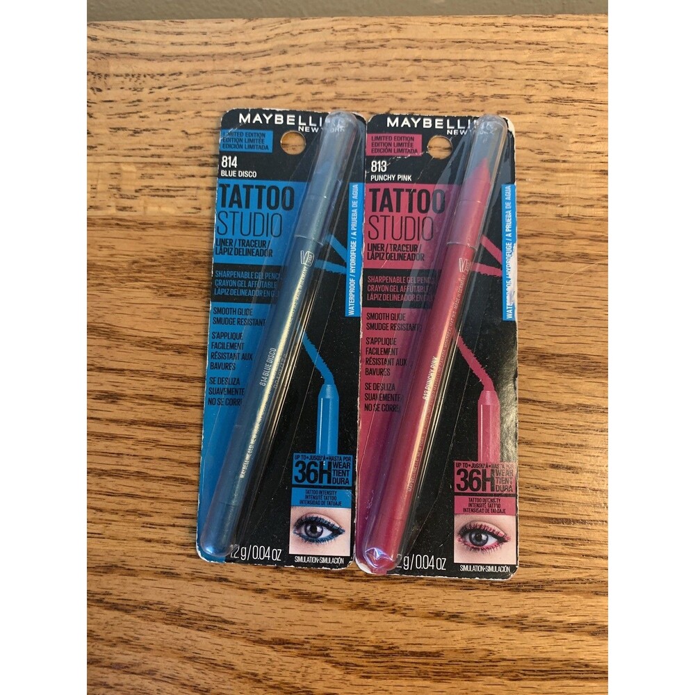 (2) Maybelline Tattoo 36HR WATERPROOF Eyeliner 813 814 BLUE DISCO Punchy Pink